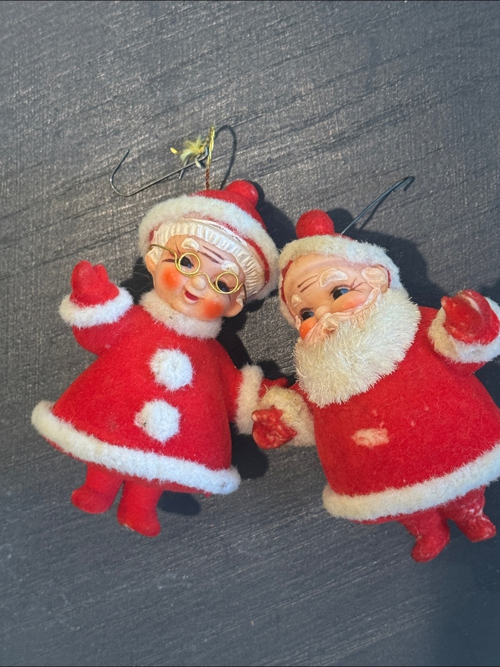 Vintage Flocked Santa & Mrs Claus Christmas ornaments